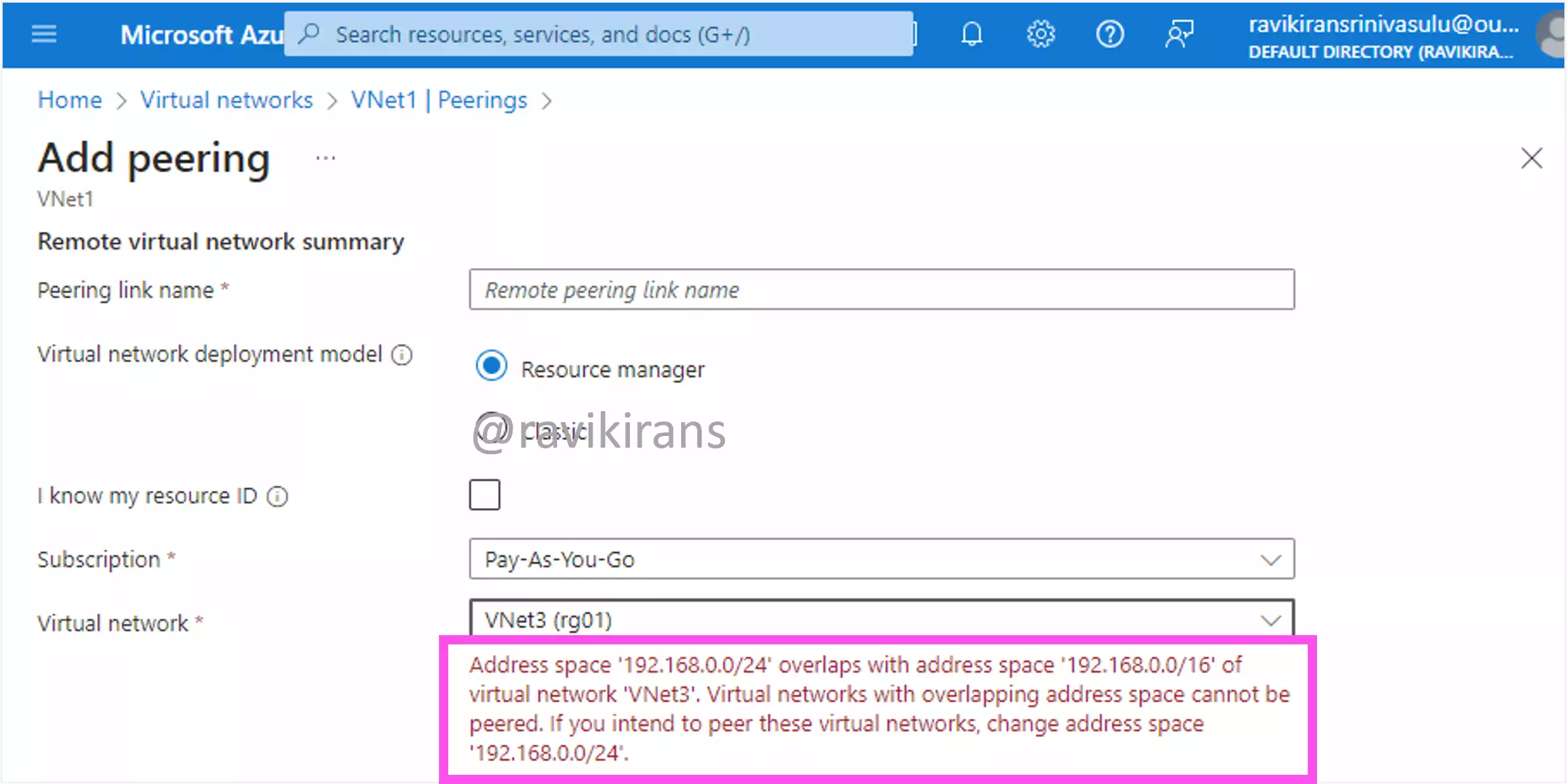 Azure VNet peering address overlap