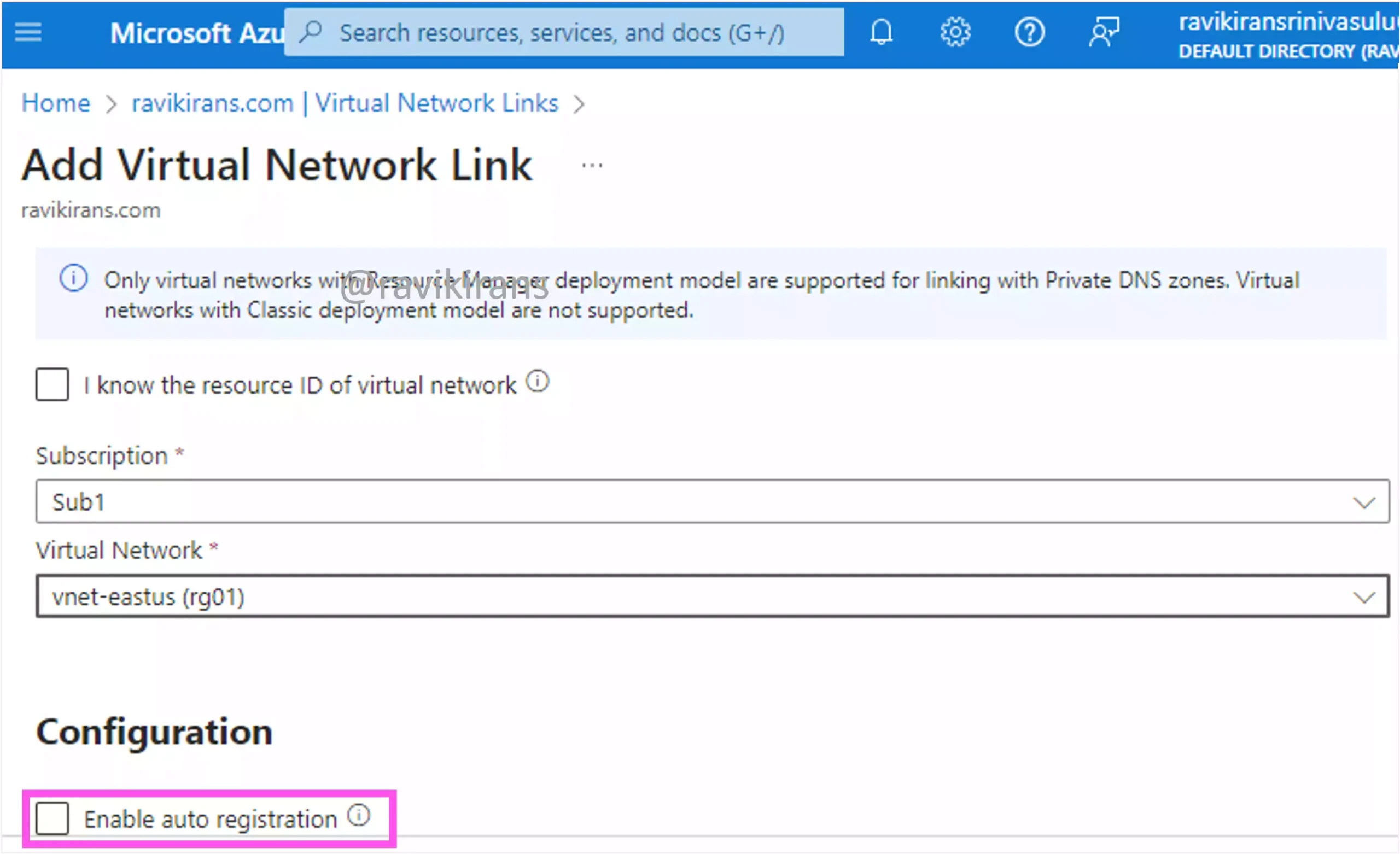 Azure Private DNS virtual network link