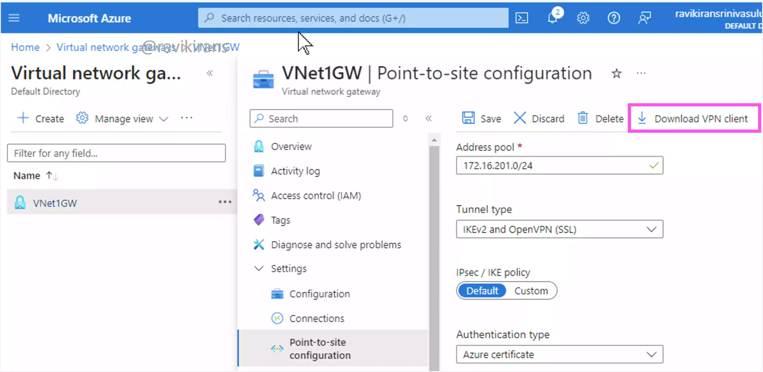 Download VPN client point-to-site Azure