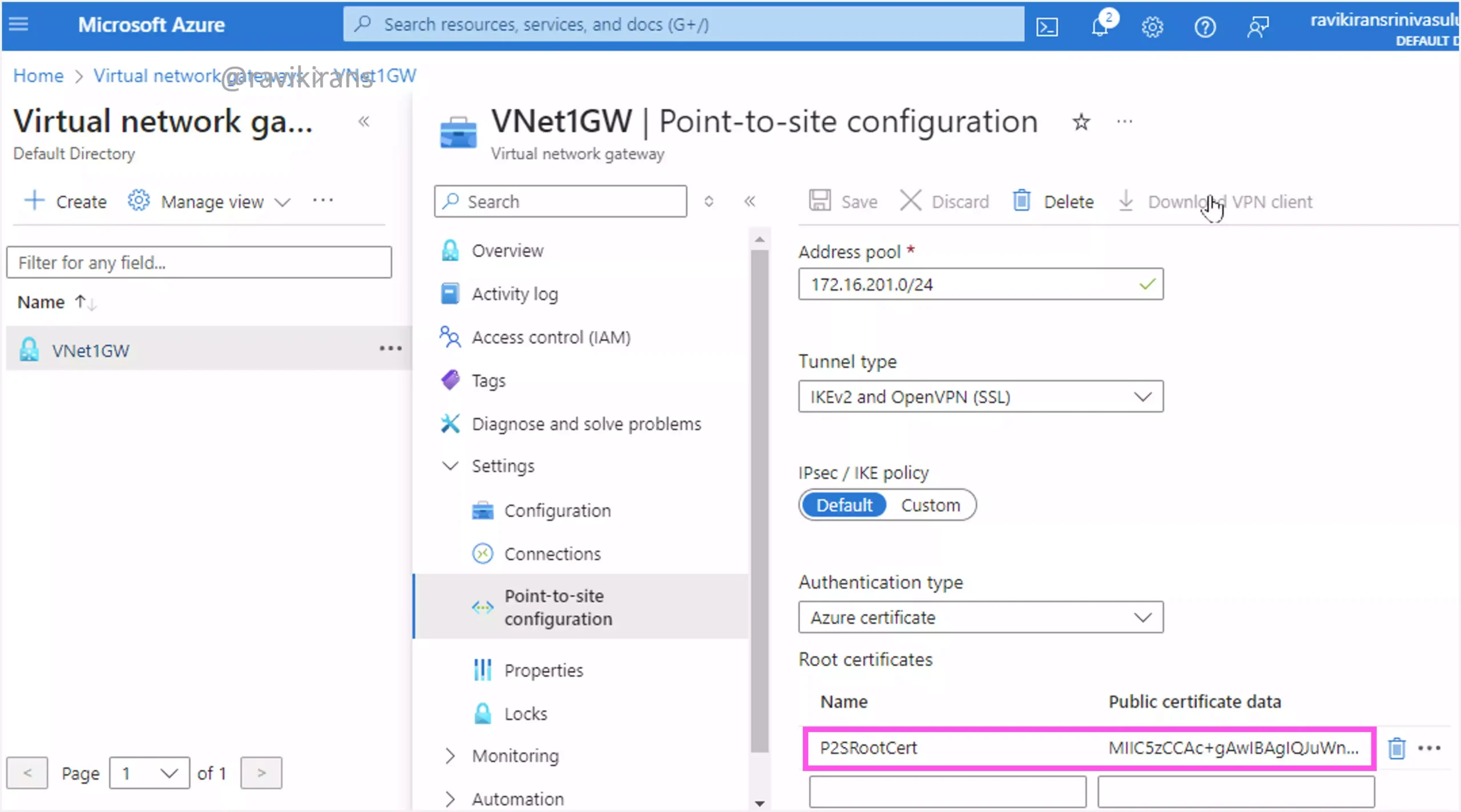 Upload root certificate data to Azure Virtual gateway