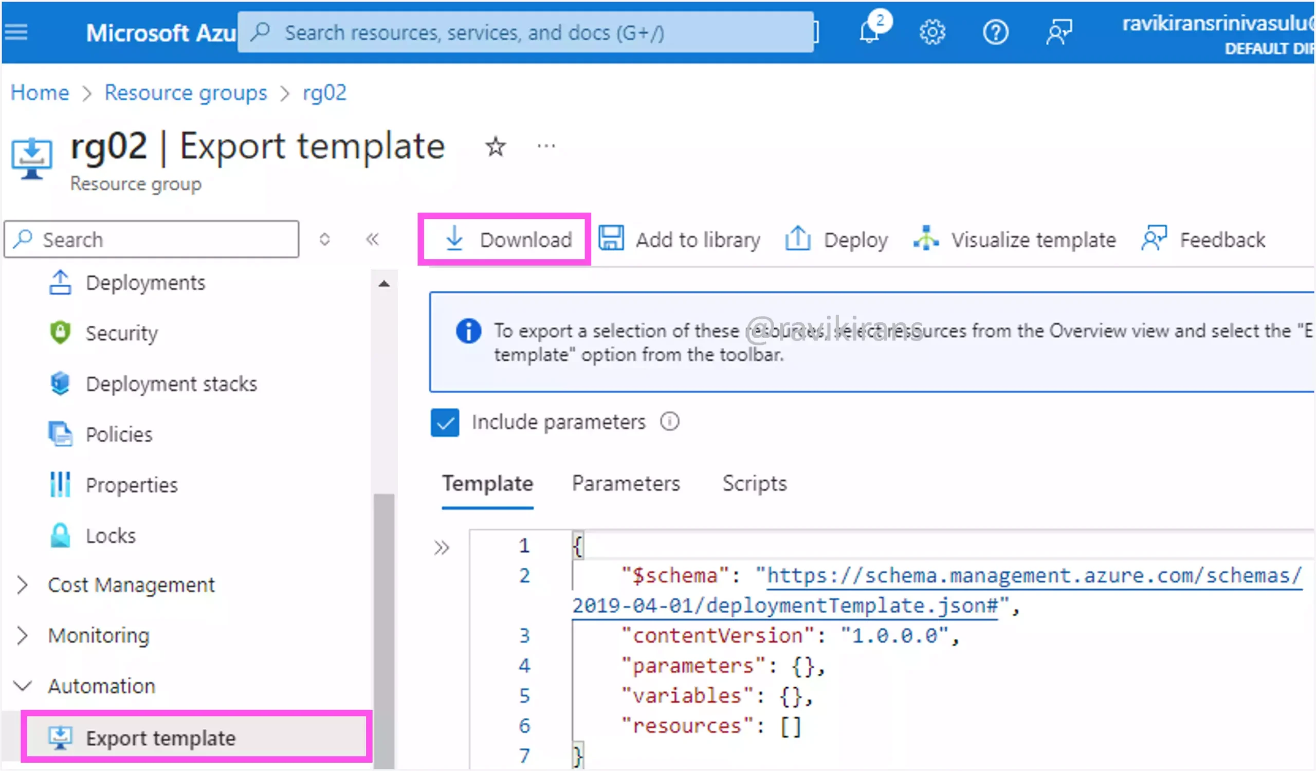 Download the template file from Azure resource group