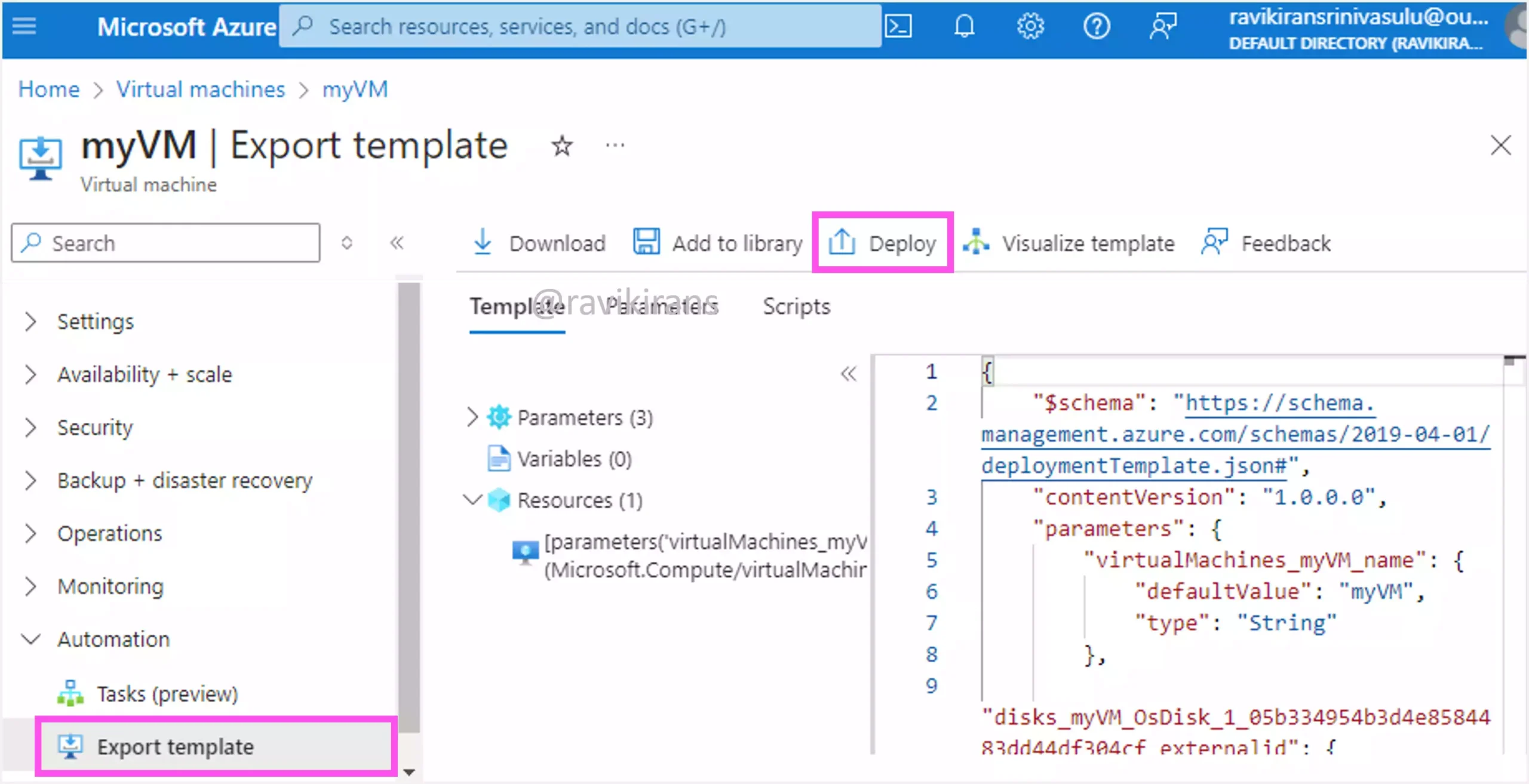 Export Template of Azure VM