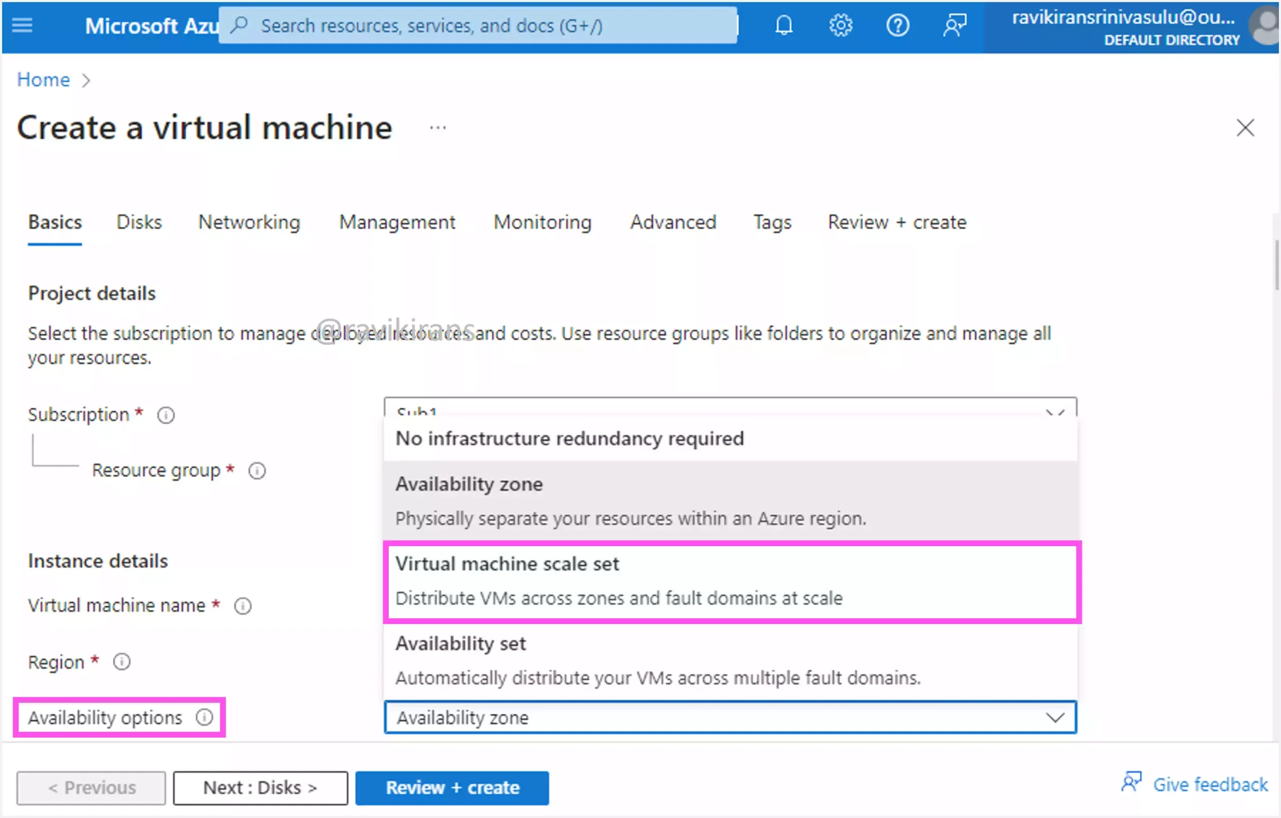 Create Azure VM Availability options