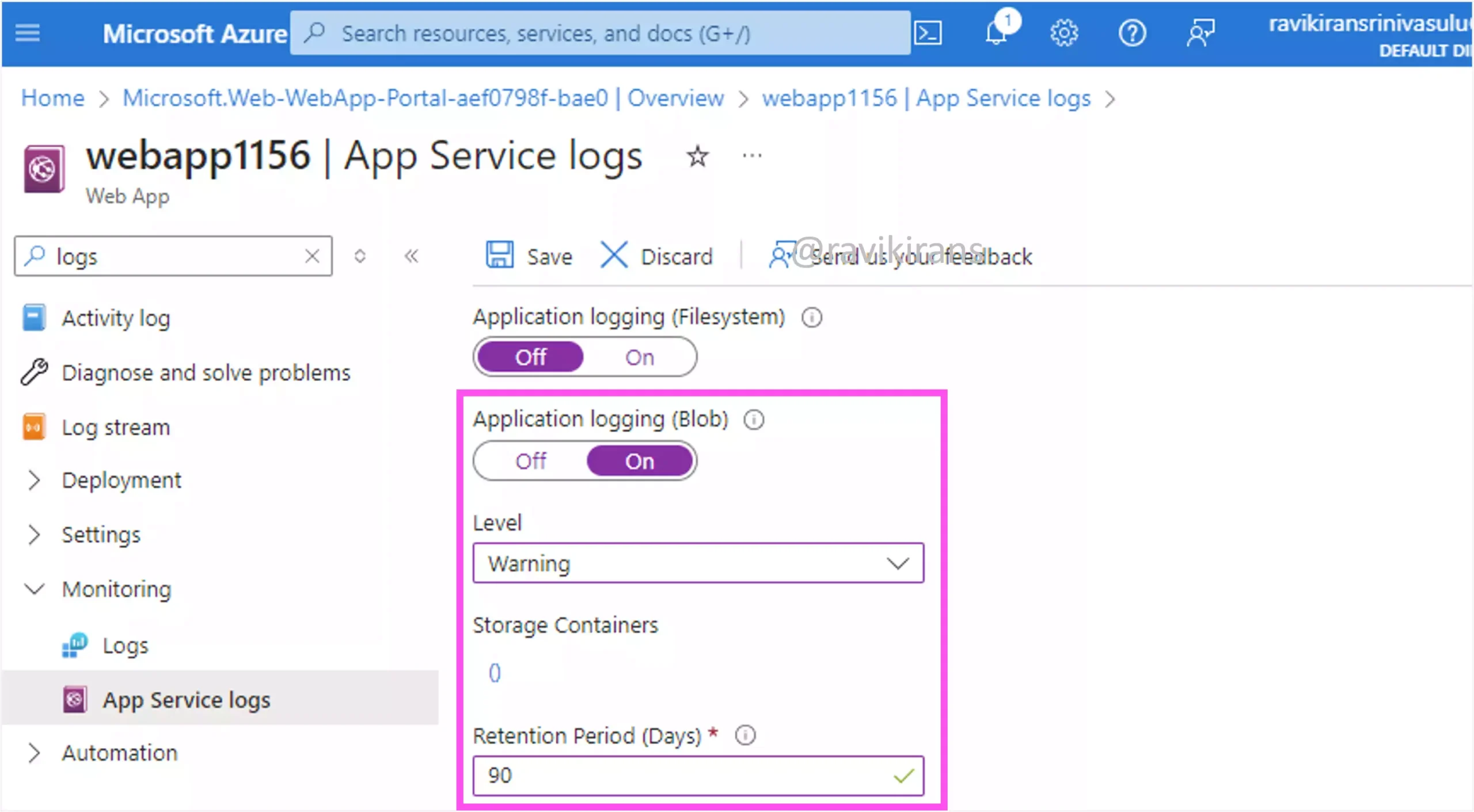 Application logging in Blob for Azure App Service