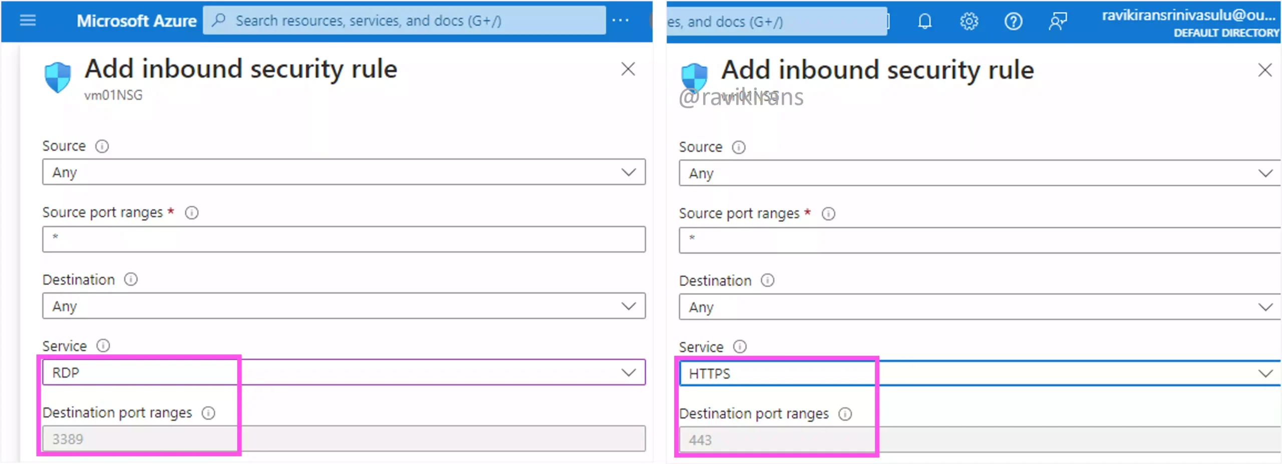 Open RDP and HTTPS ports in NSG