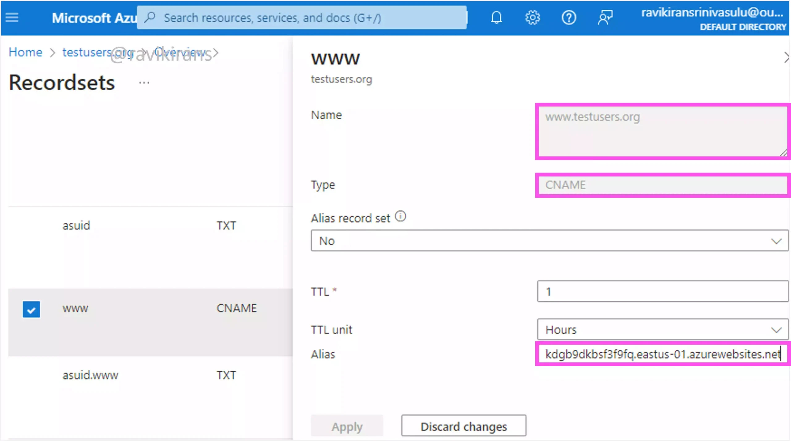 DNS mapping CNAME Azure App Service