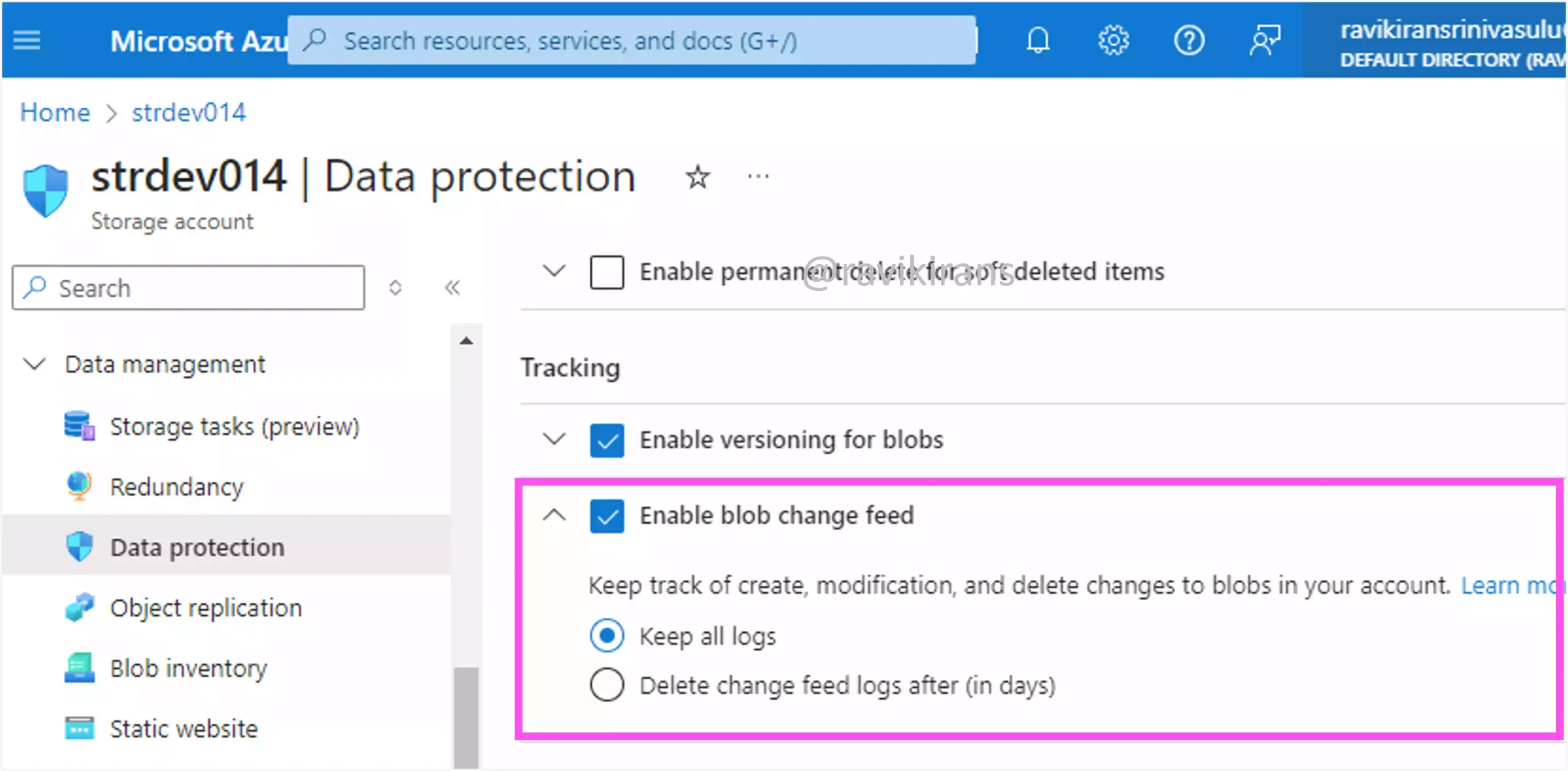 Change feed in Azure Storage Account