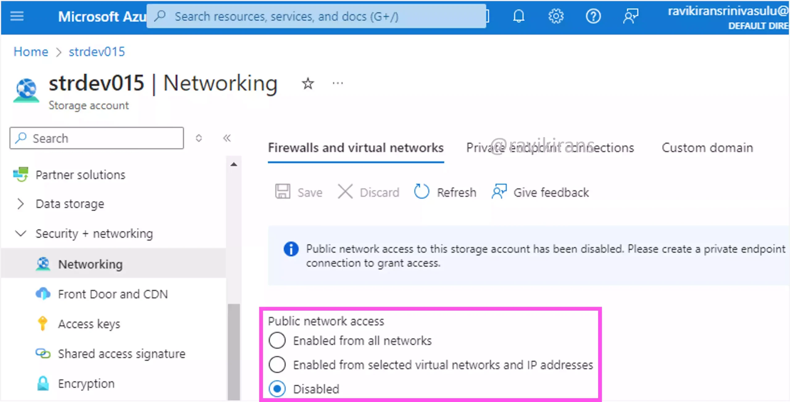 Public network access disabled storage account