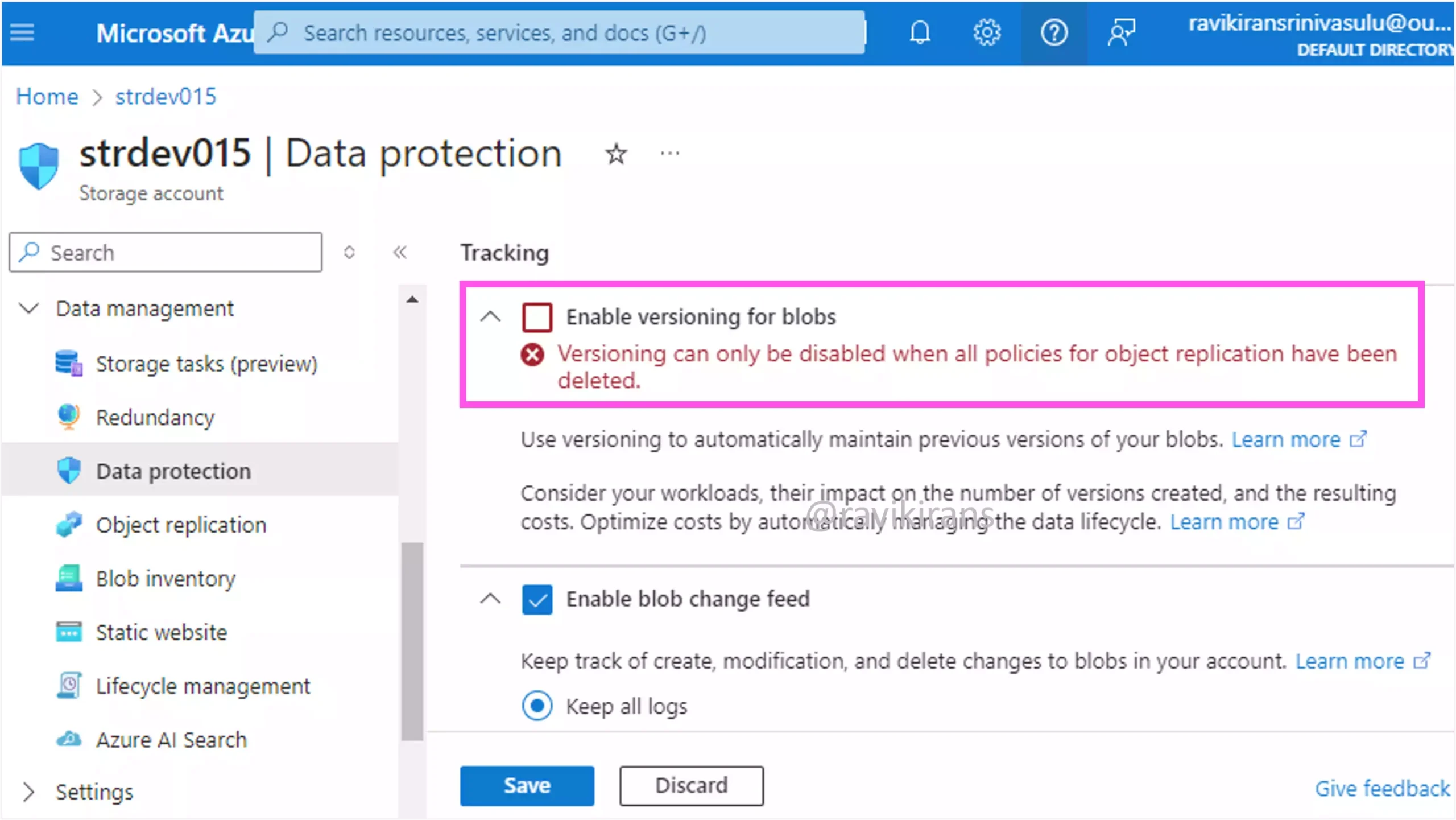 Error when blob versioning disabled due to object replication rule