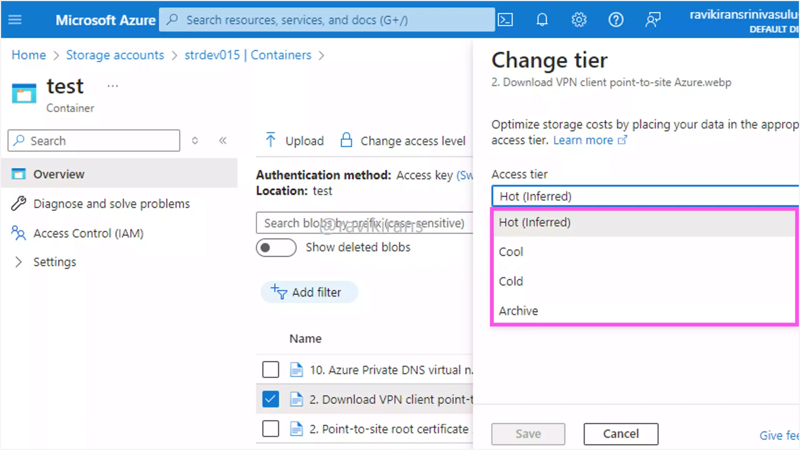 Access tier for a blob in an Azure storage account