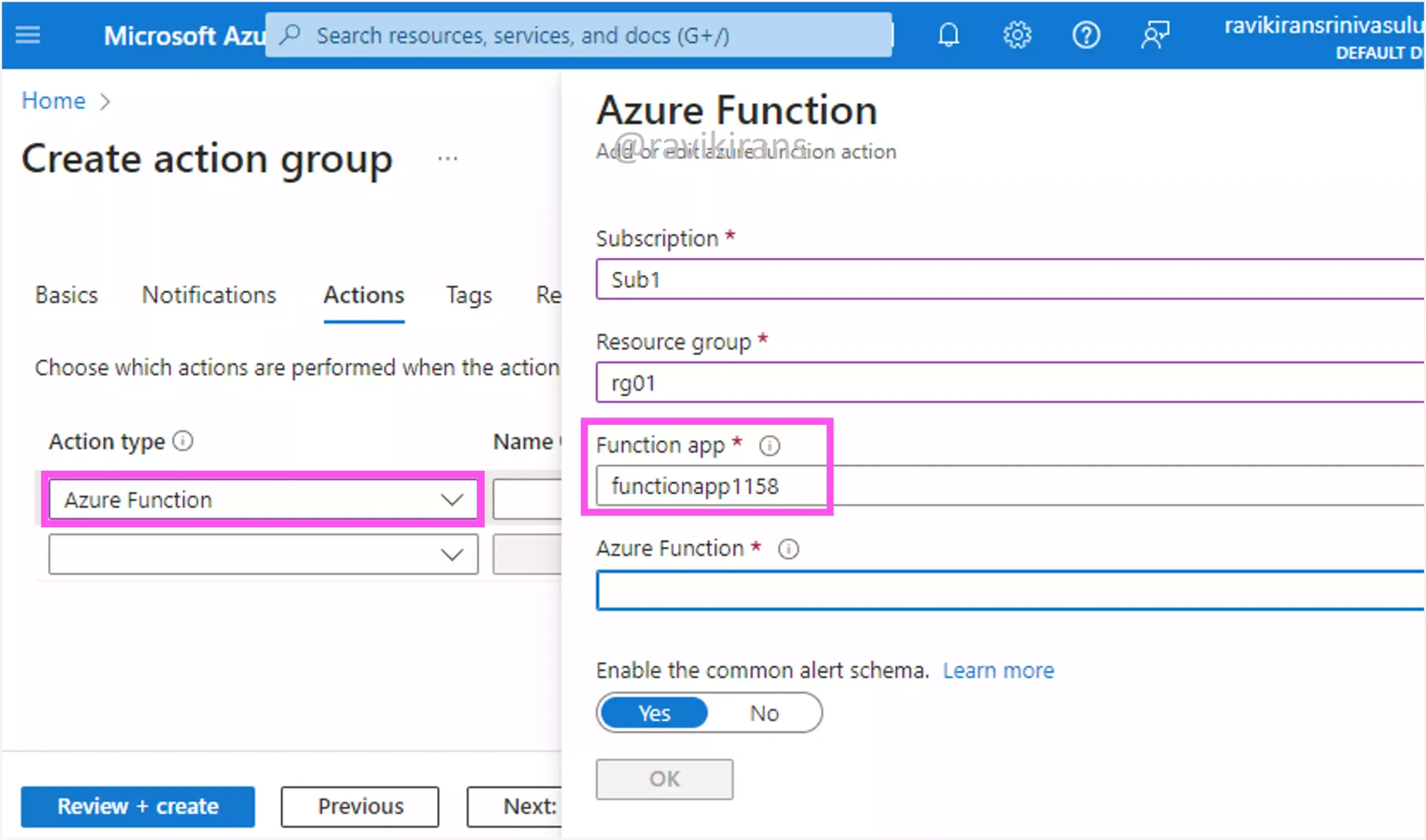 Action Group Call an Azure Function