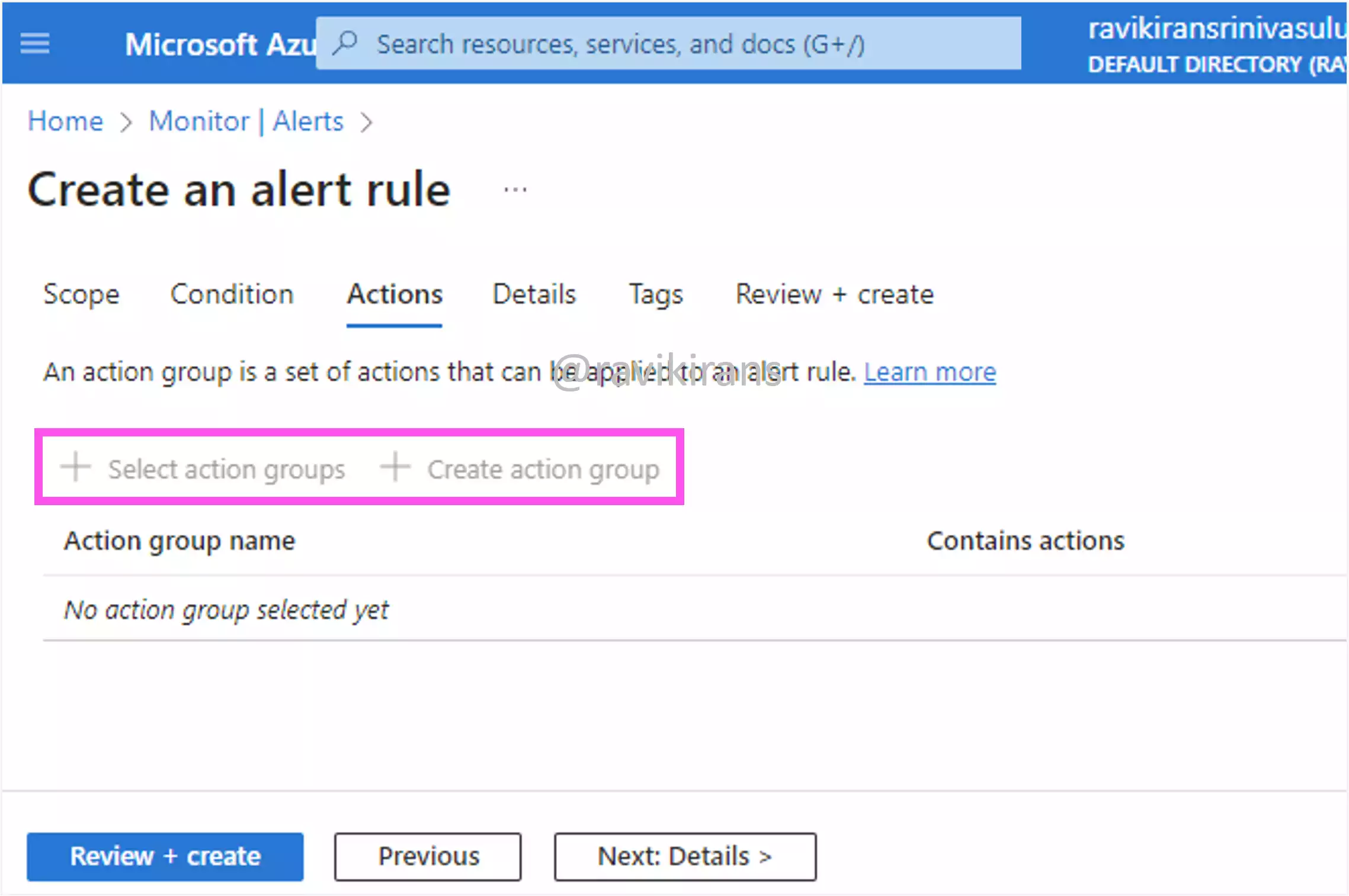 Action group in an alert rule