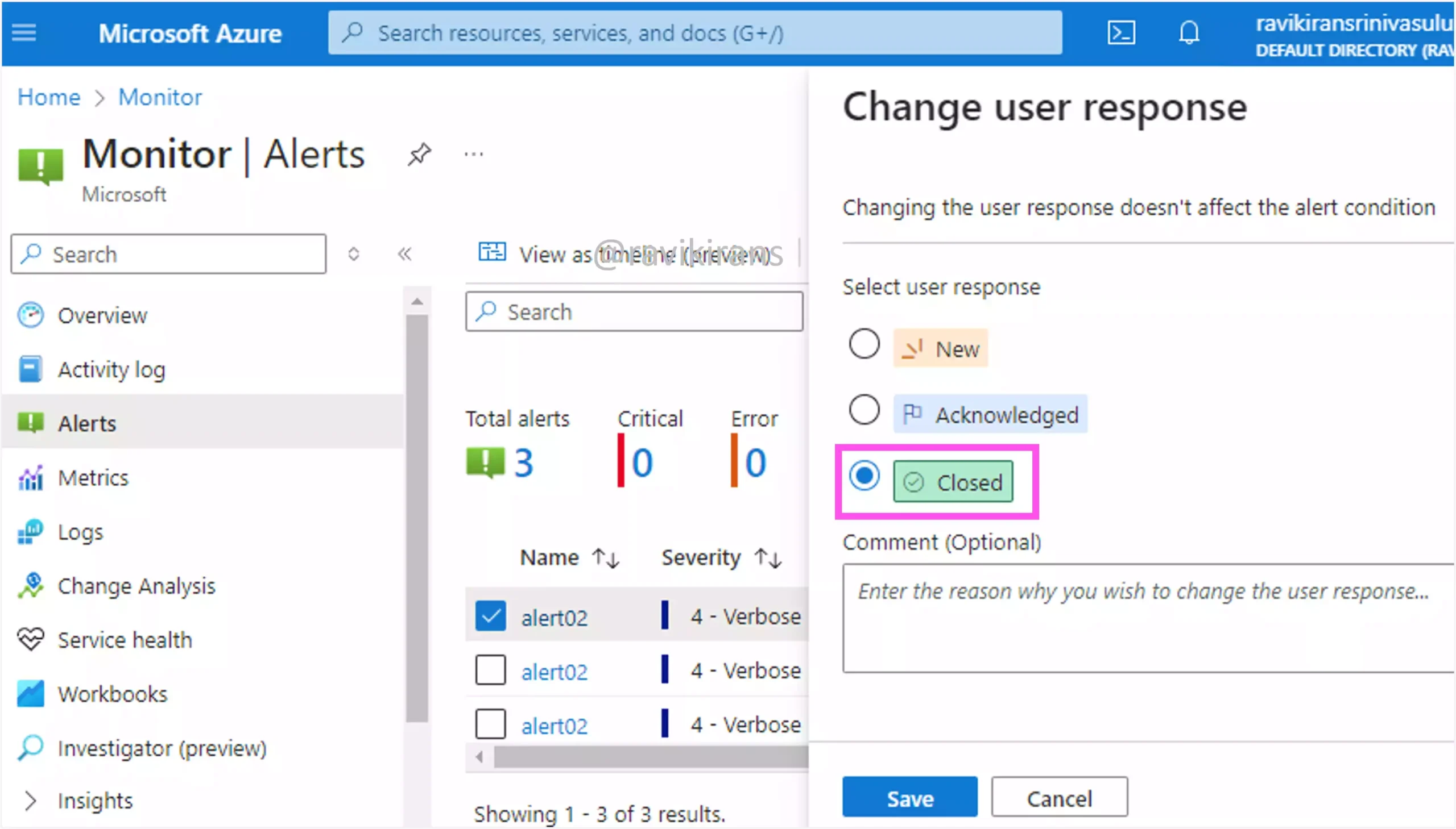 Set the user response to closed for an Azure alert