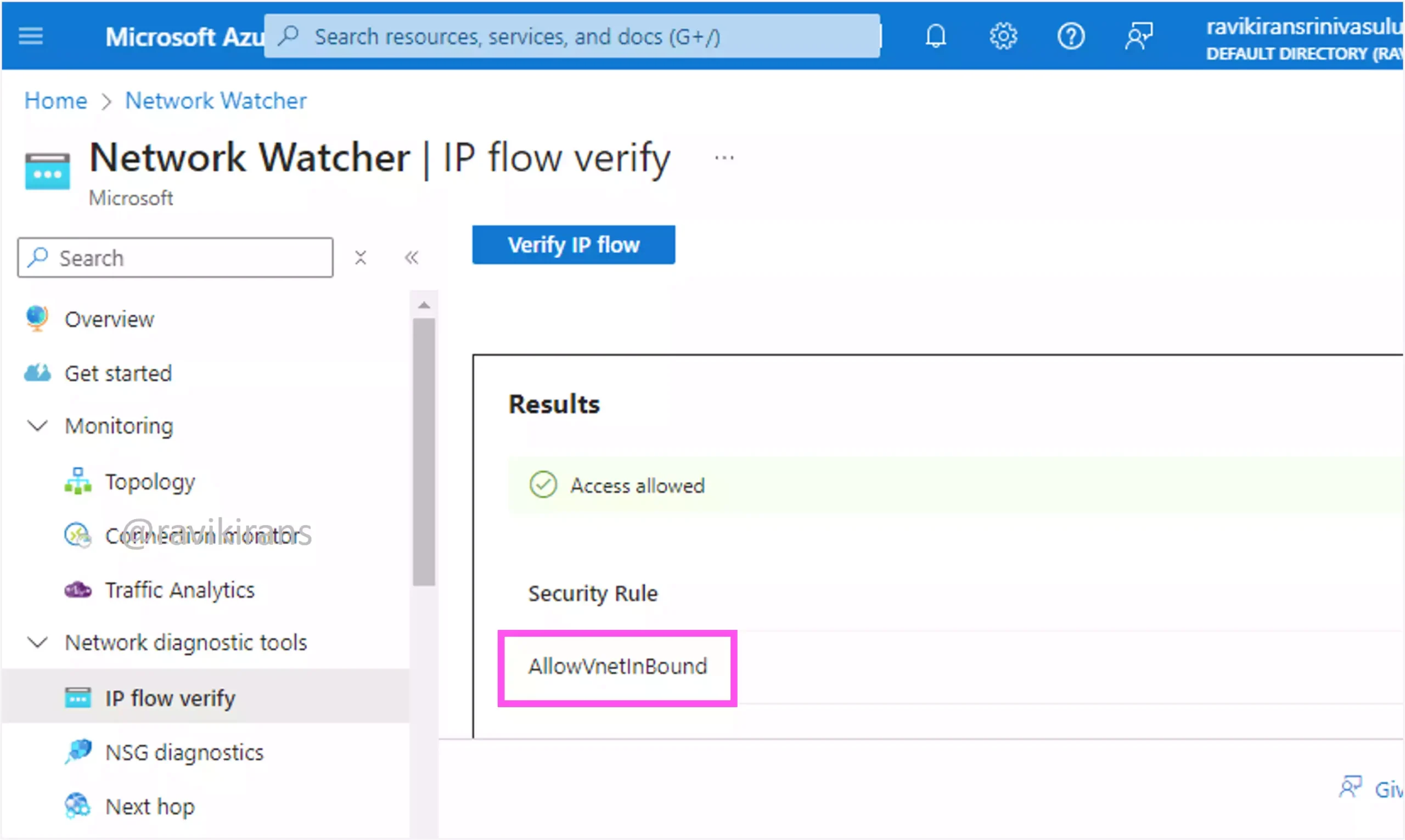 IP flow verify identifies the NSG rule