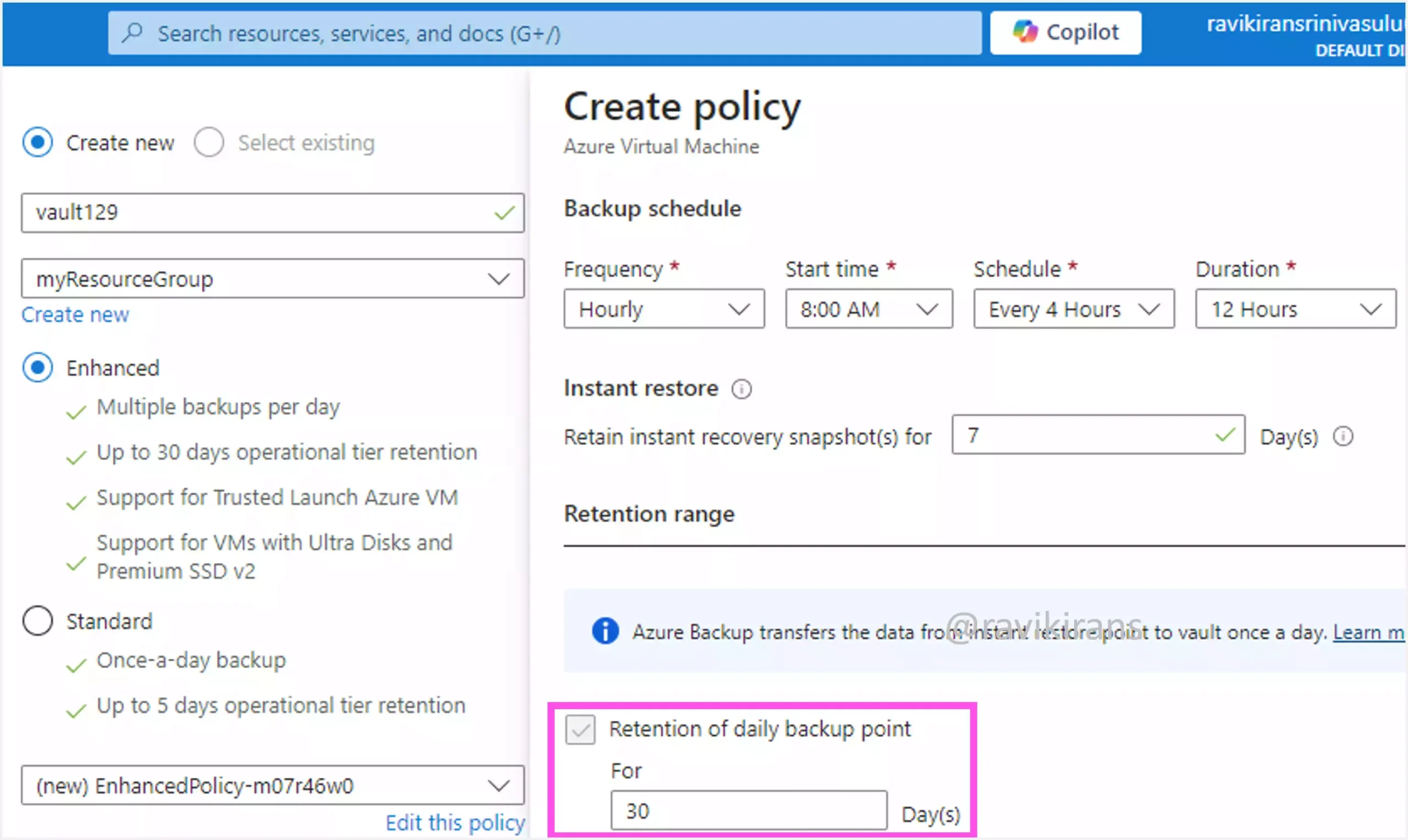 Retention period of VM backups for the default policy