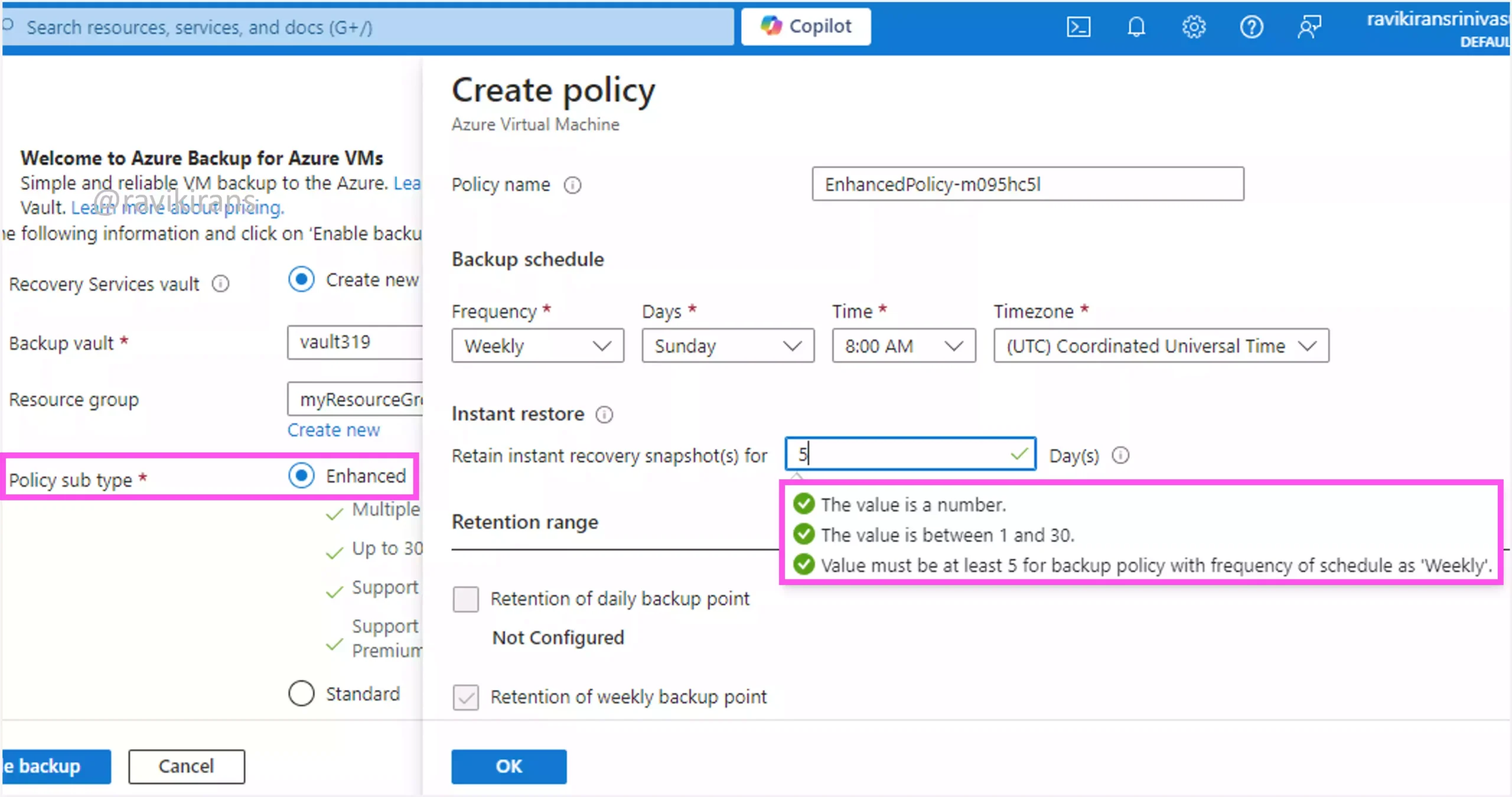 Enhanced policy sub type Instant Restore recovery days for weekly backups