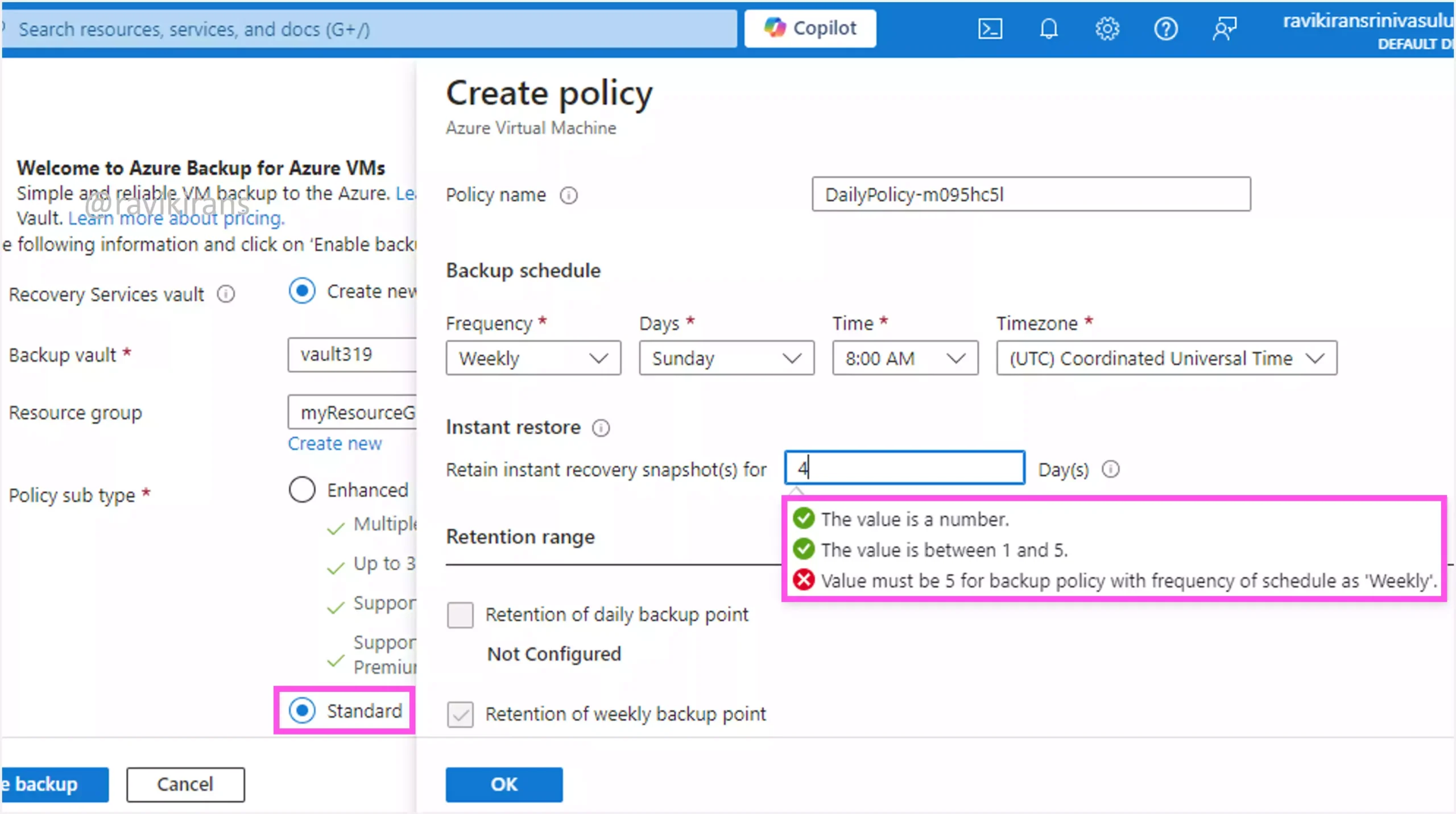 Standard policy sub type Instant Restore recovery days for weekly backups