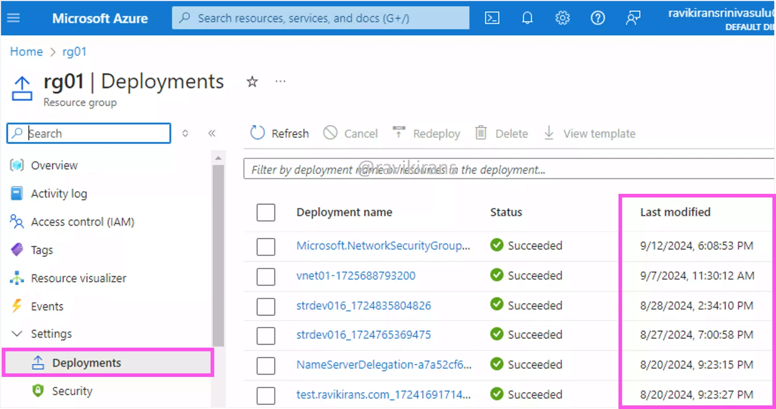 Date and time of resources deployed in the Deployments tab