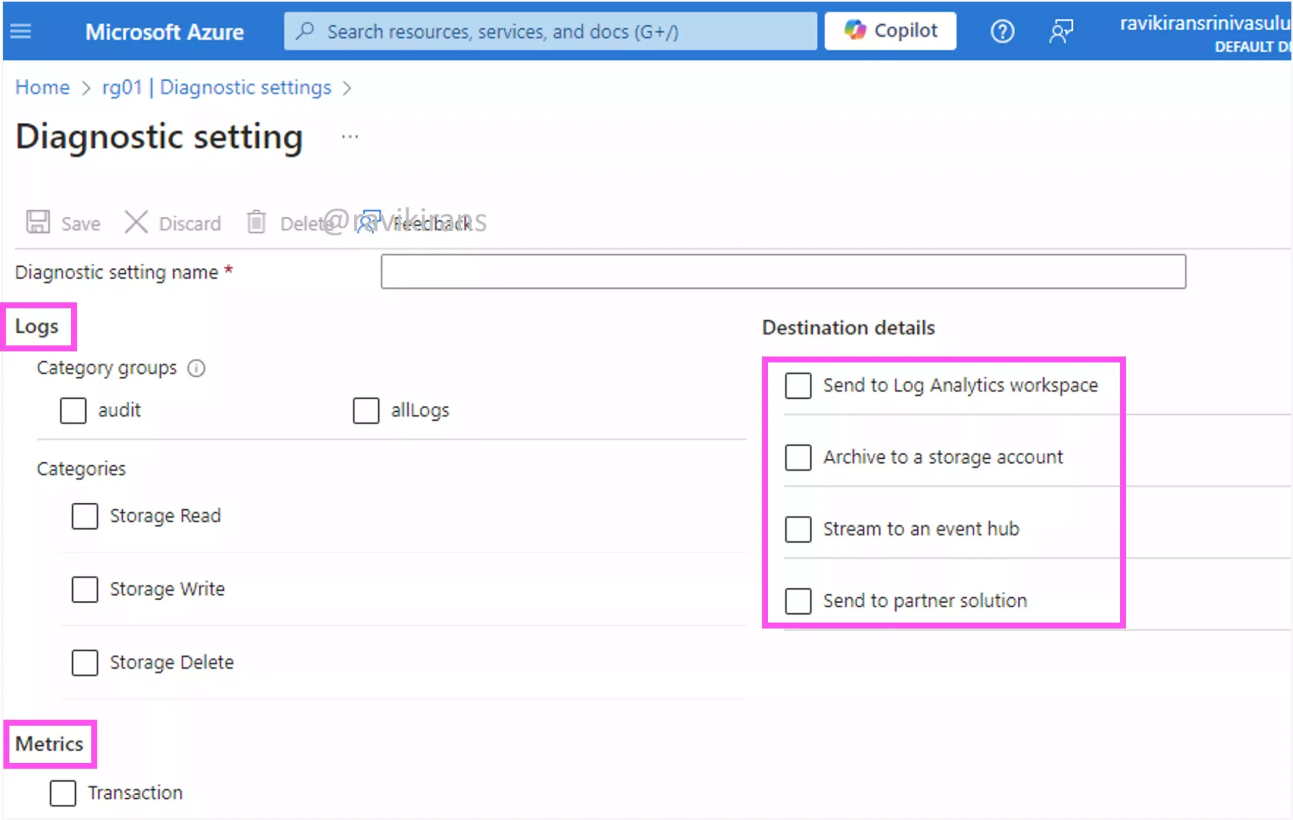 Diagnostic settings blade