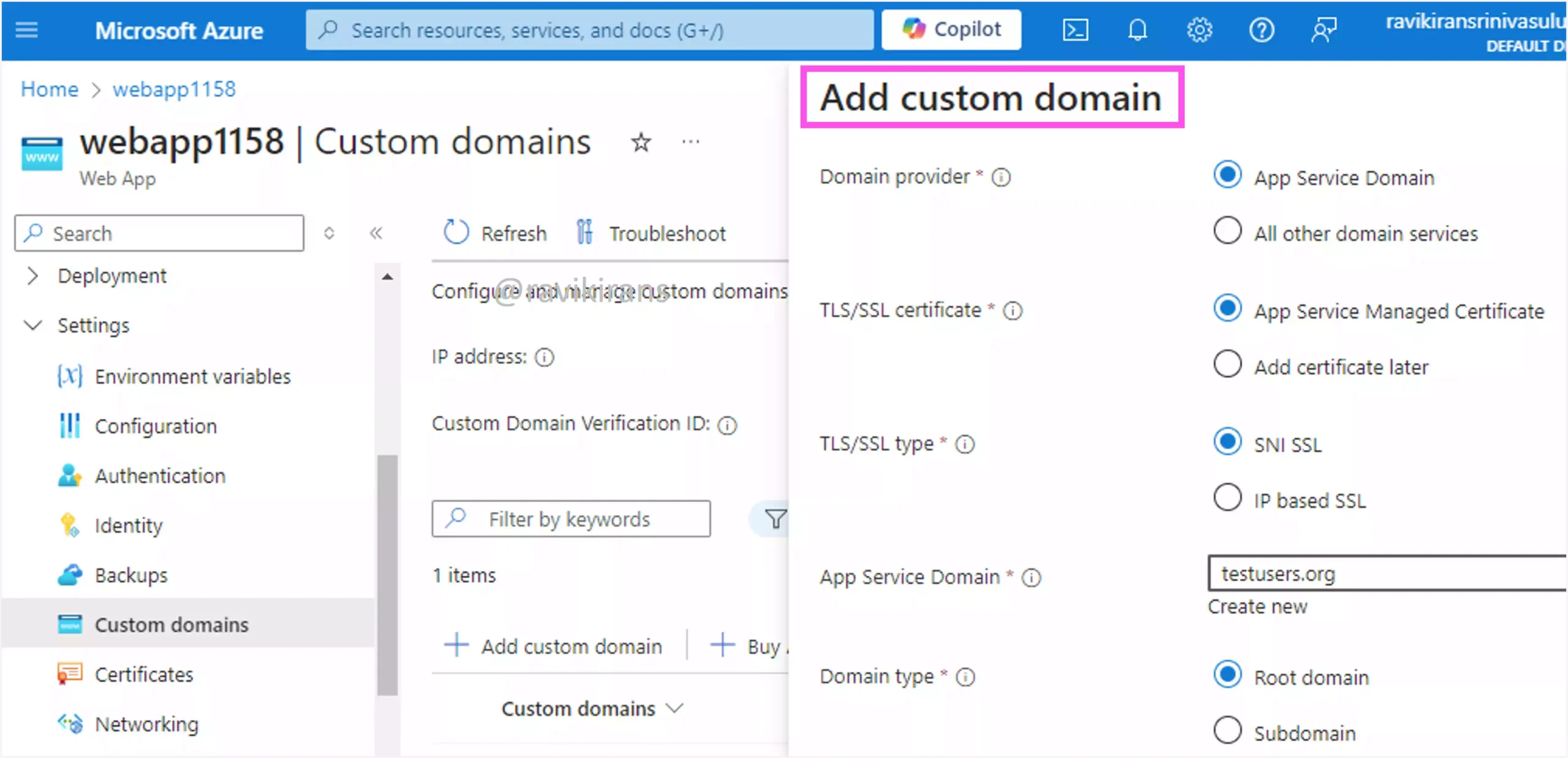 Add a custom domain in Azure App Service