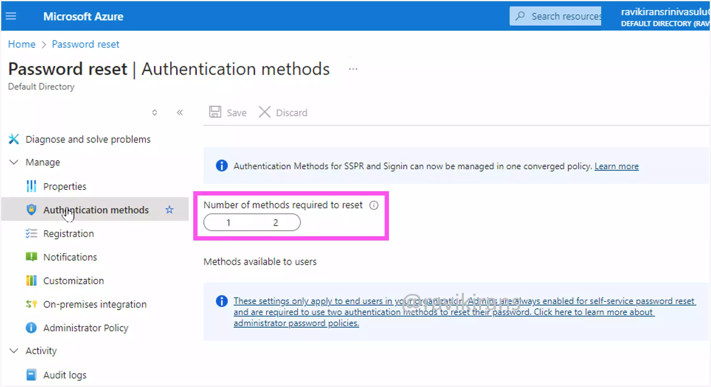 Password reset configure authentication methods