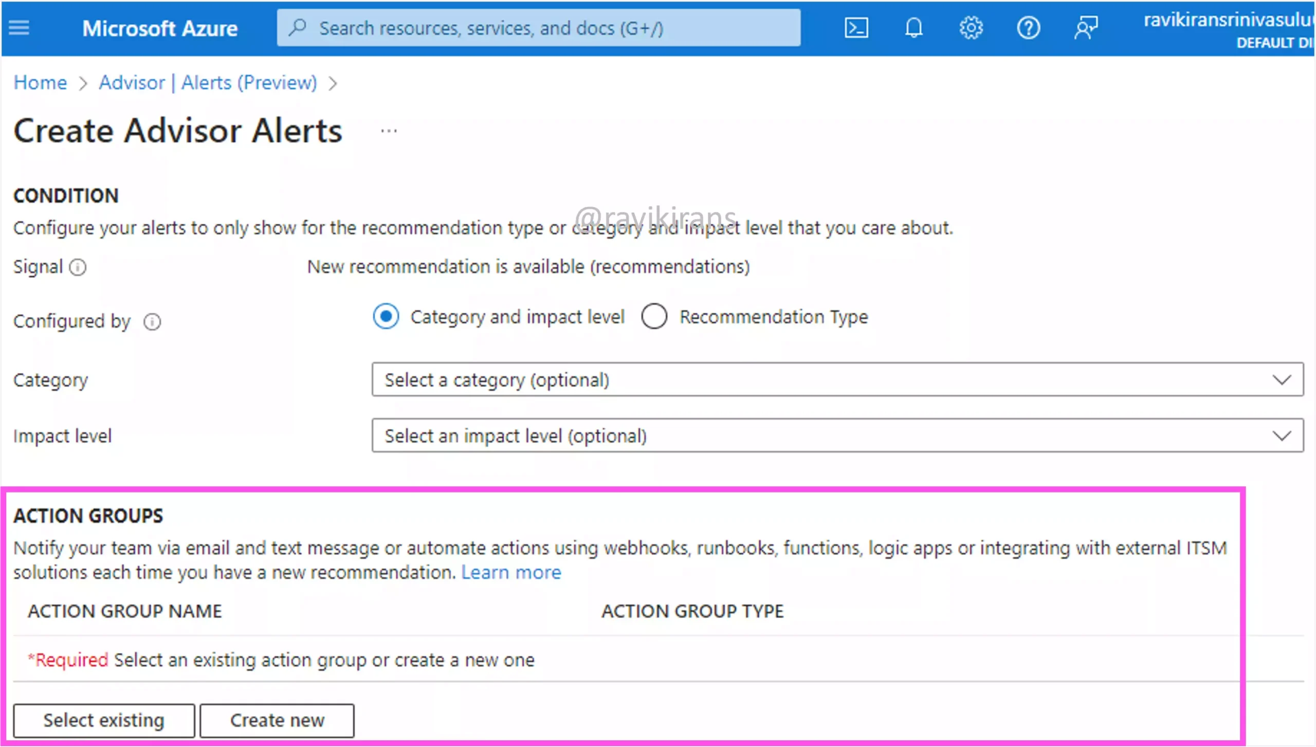 Azure Advisor alerts action groups