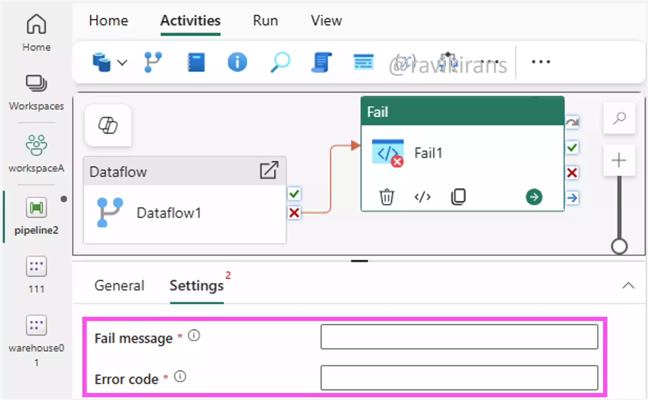 Add a Fail activity with a custom error message and code