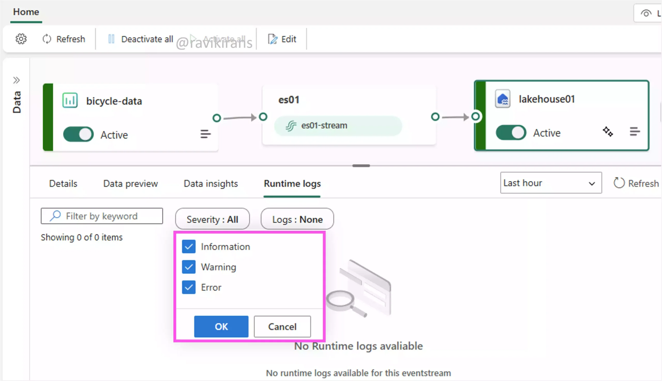 Check Runtime logs for error entries by severity in eventstream